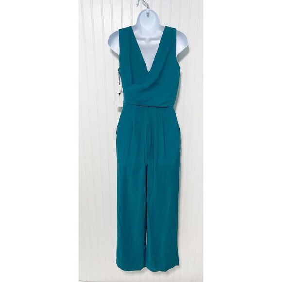 1.State Women's Twill Sleeveless V-Neck Wrap Front Jumpsuit Emerald Green Size 0 - Picture 7 of 16